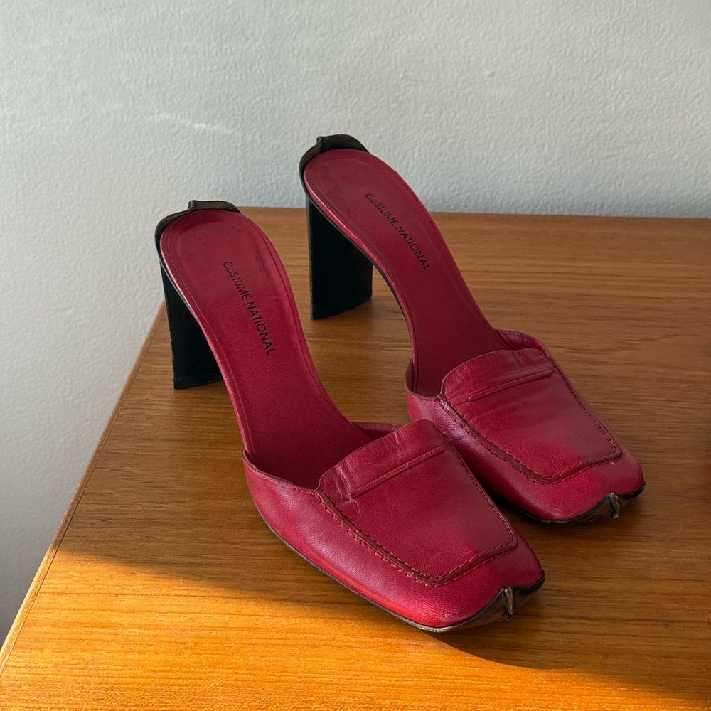 Red Leather Loafer Mule Heels
